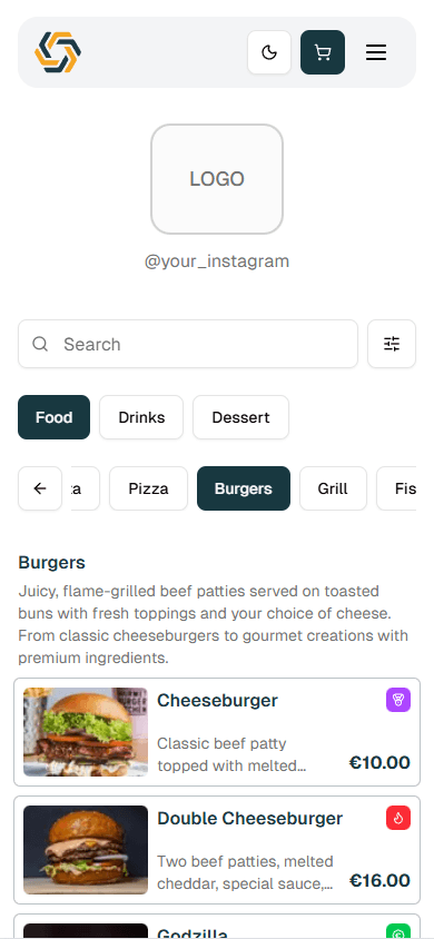 QR ordering and pickup menu preview
